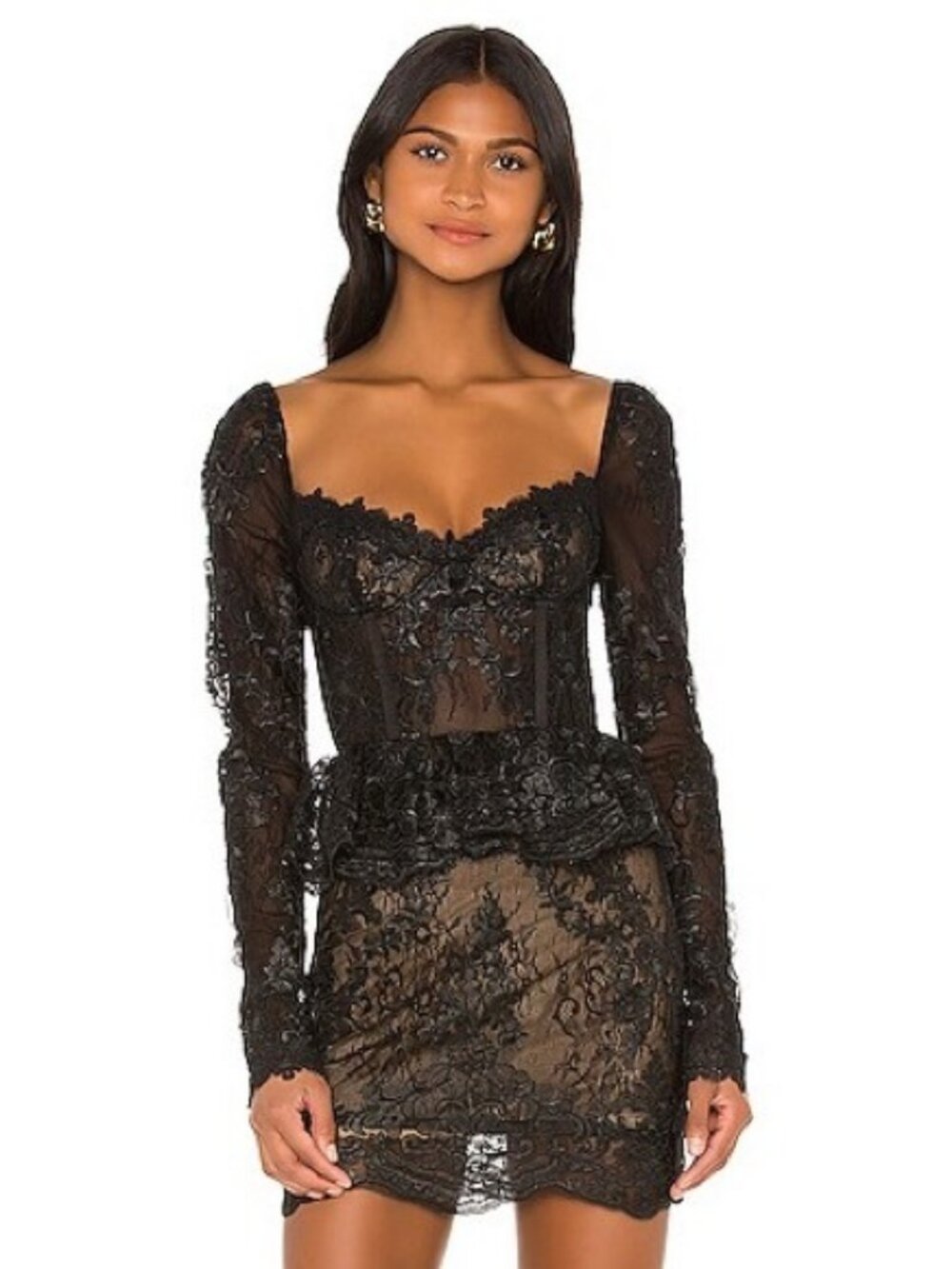 V. Chapman Petunia Corset Sheer Black Lace Peplum Mini Dress